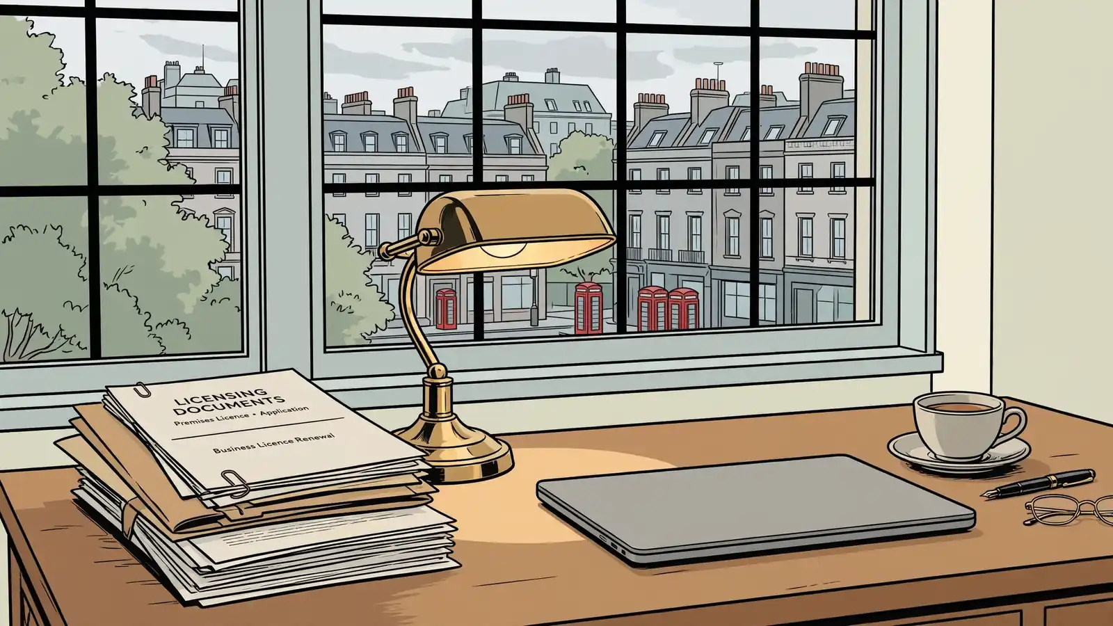 Licensing documents on a desk with a rainy London view