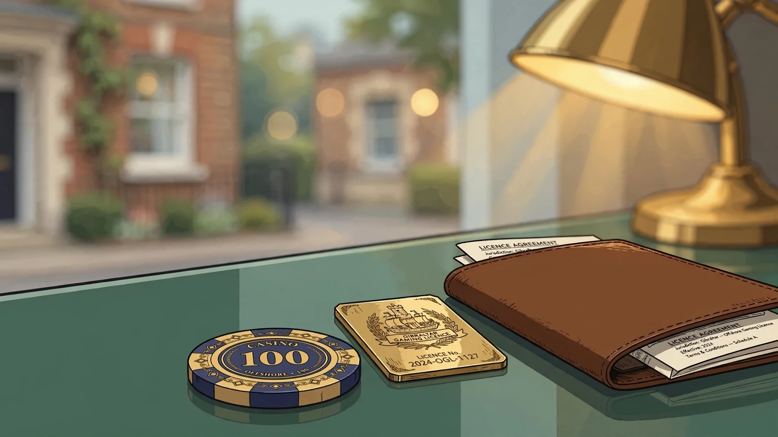 Casino chip beside passport and licence plate under warm lamp light.