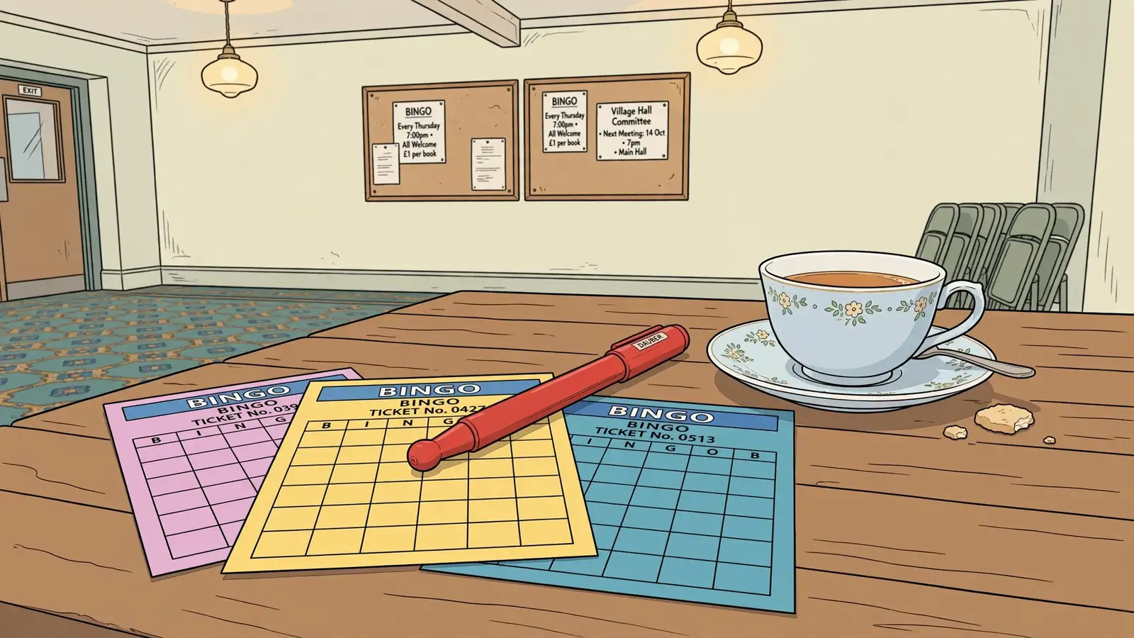 Bingo tickets and a red dauber on a wooden table in a British bingo hall