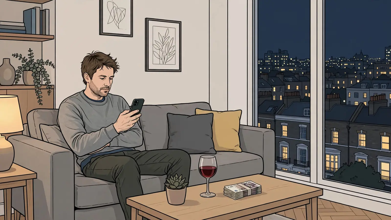 Person in a London flat holding a smartphone with a glass of wine and pound notes on the table.