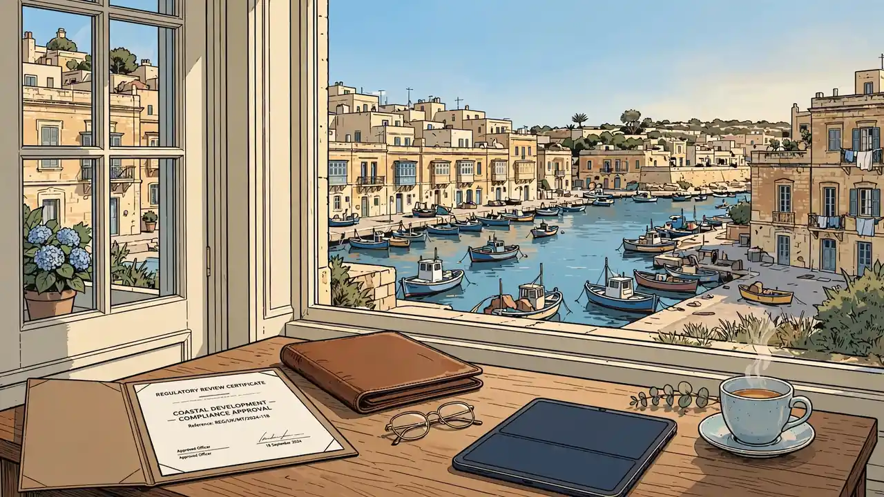 Desk with official documents and a face-down tablet overlooking a Maltese harbor at golden hour.