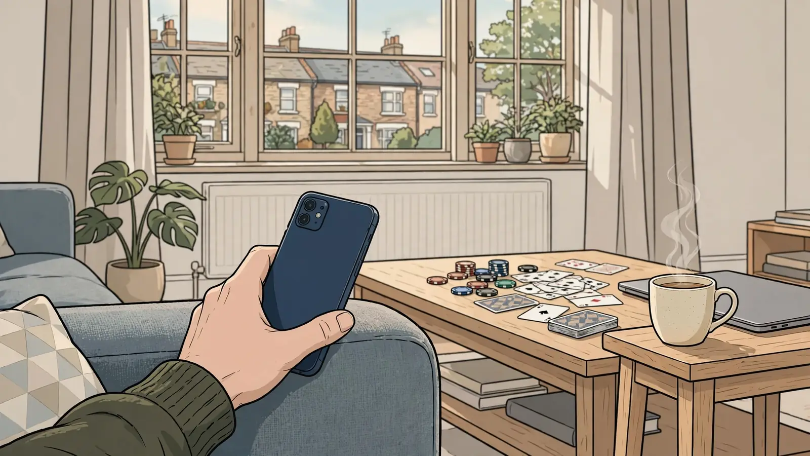 Hand holding a phone near tea and playing cards on a coffee table