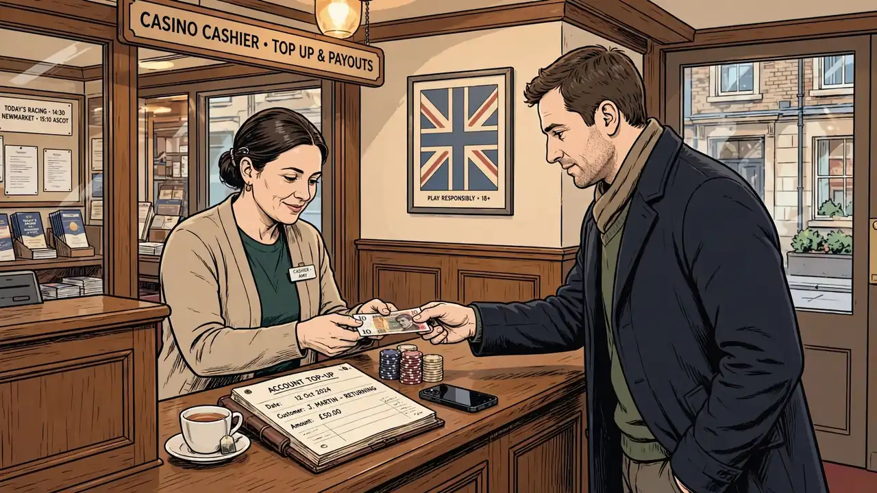 Player topping up balance at a British betting shop counter with chips and tea