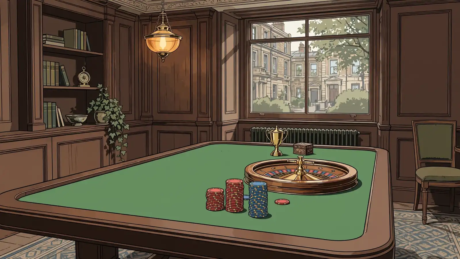 Casino chips, roulette wheel and brass trophy on a green gaming table in a British lounge