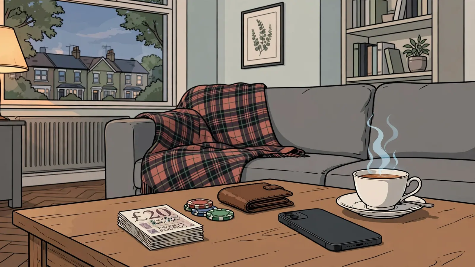 British living room with small deposit amount, chips, wallet, and face-down smartphone on a coffee table.