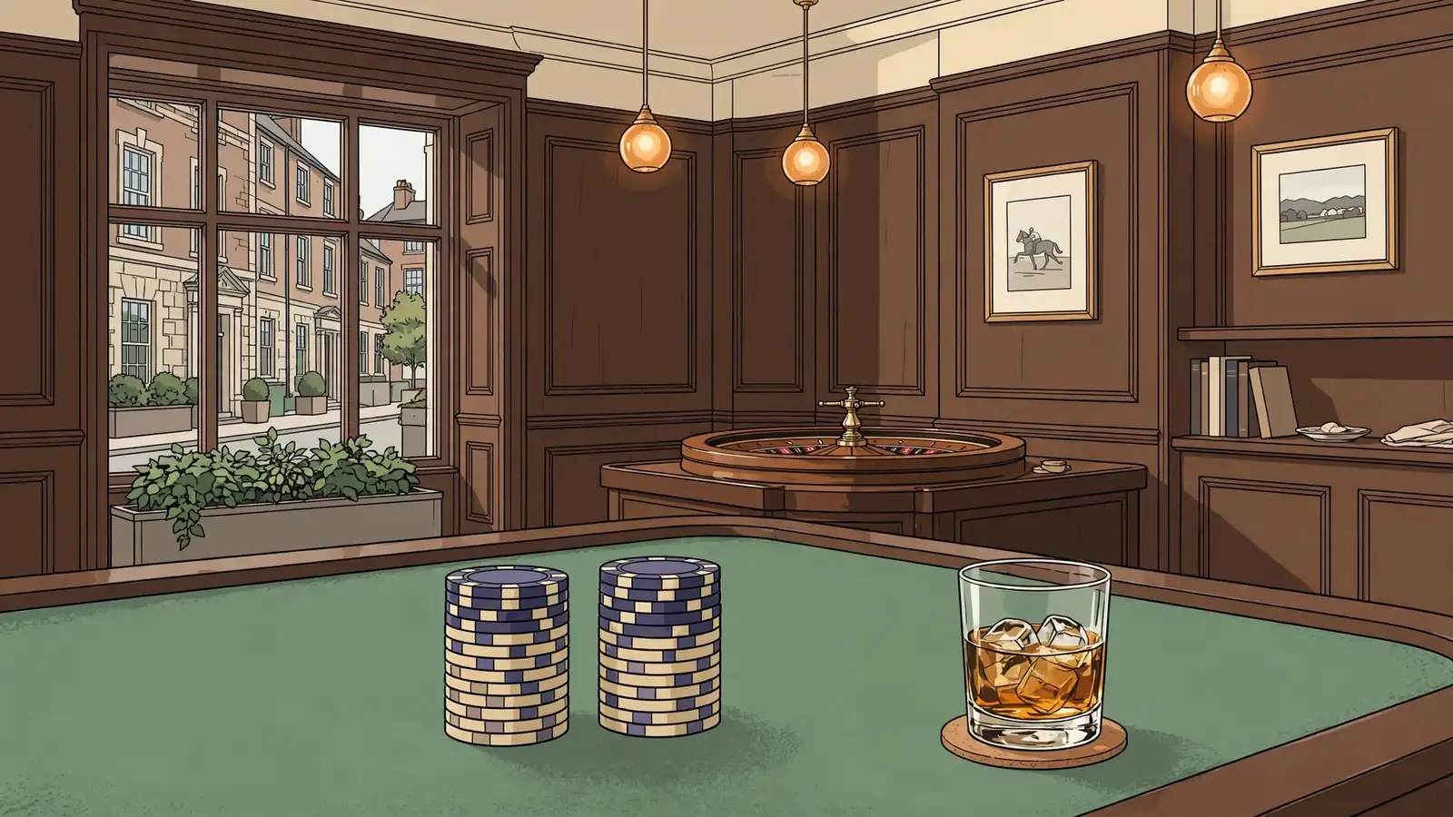 British casino lounge with two equal chip stacks on a green felt table