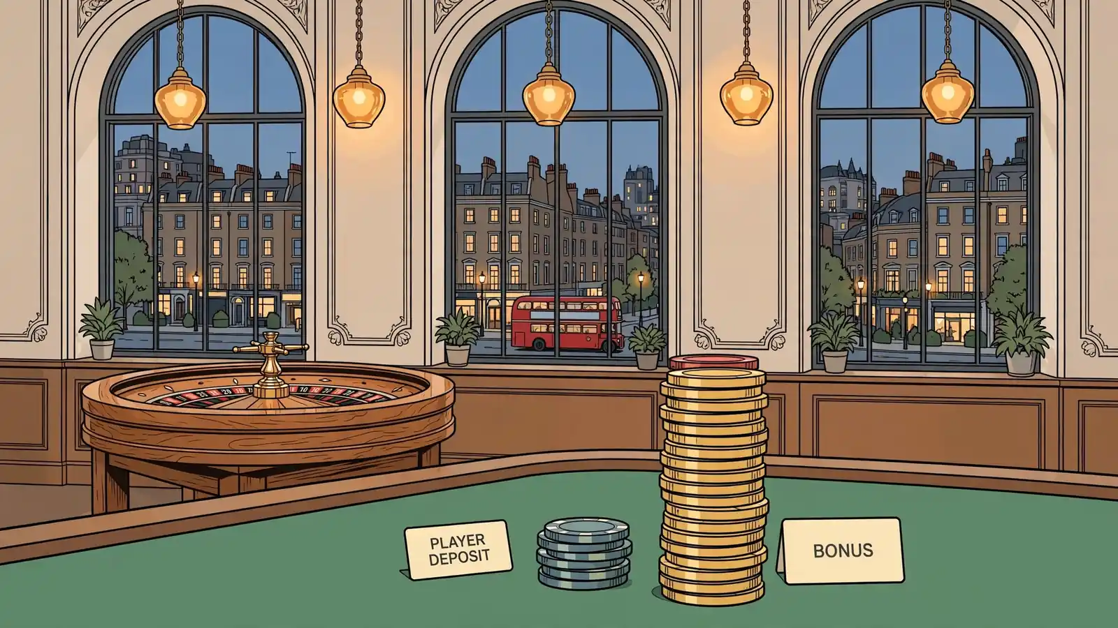 Casino table with deposit chips beside a larger stack of bonus chips near a roulette wheel in a London lounge.