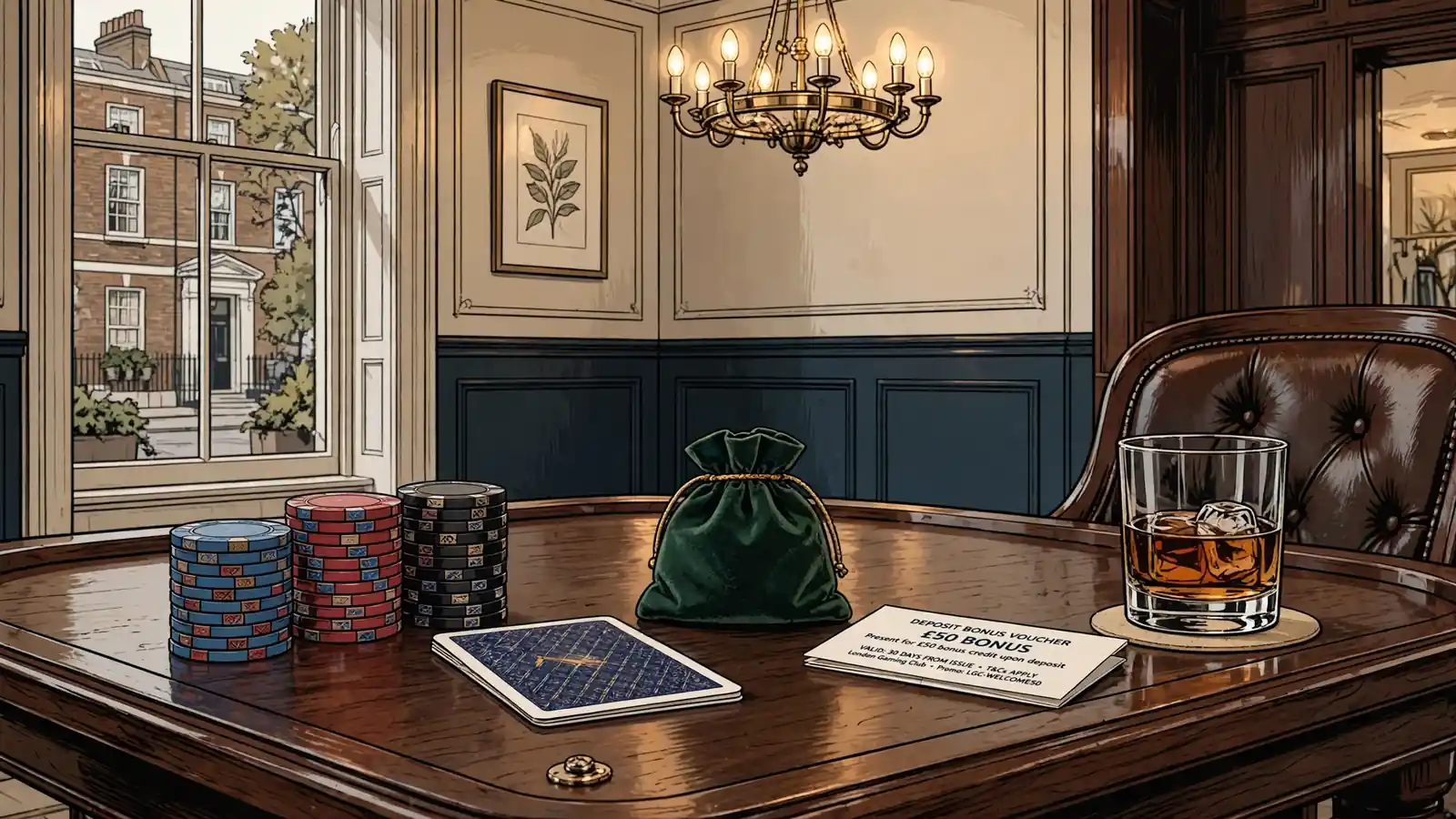 Casino chips and a bonus voucher on a card table in a London gaming lounge.