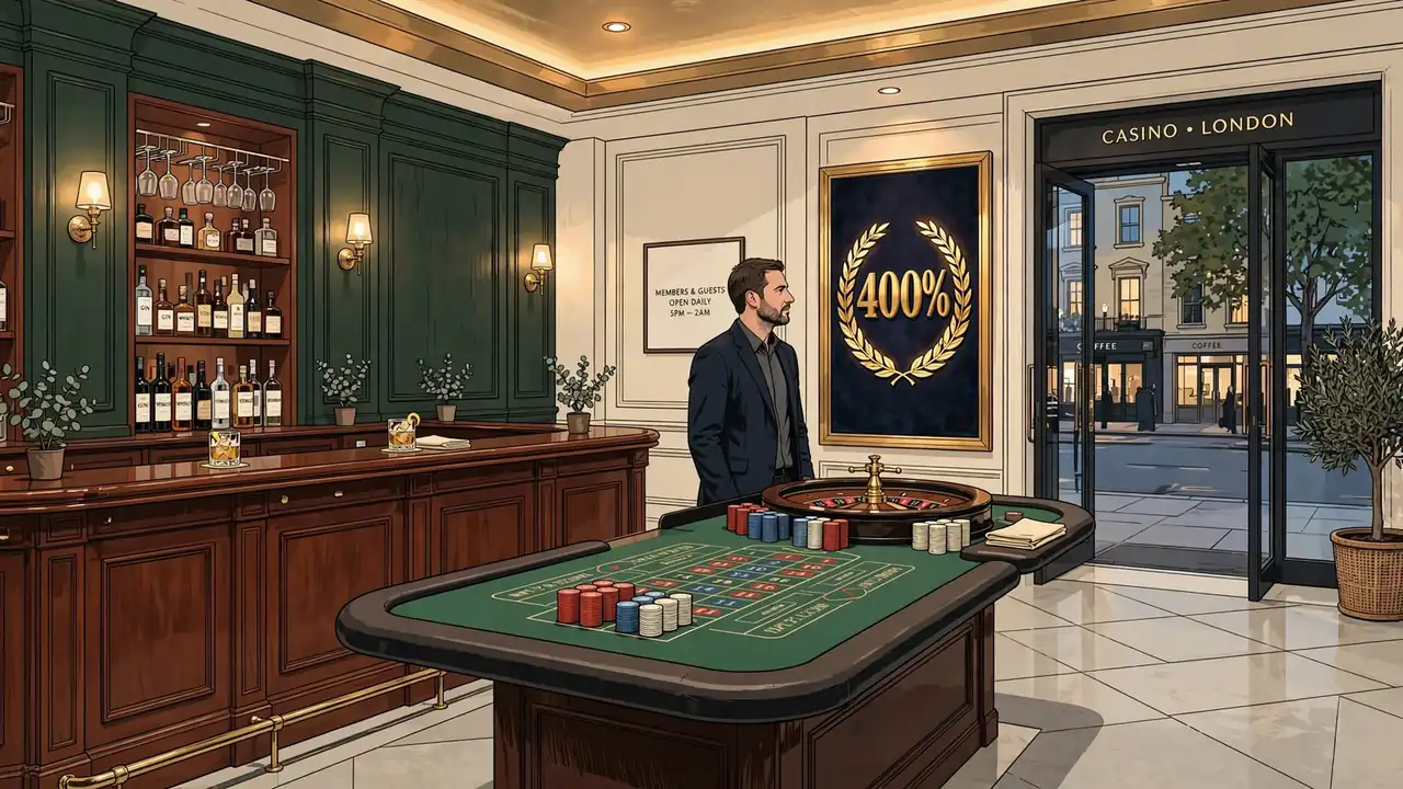 Stylish UK casino interior with roulette table, chips, and golden 400% bonus display.