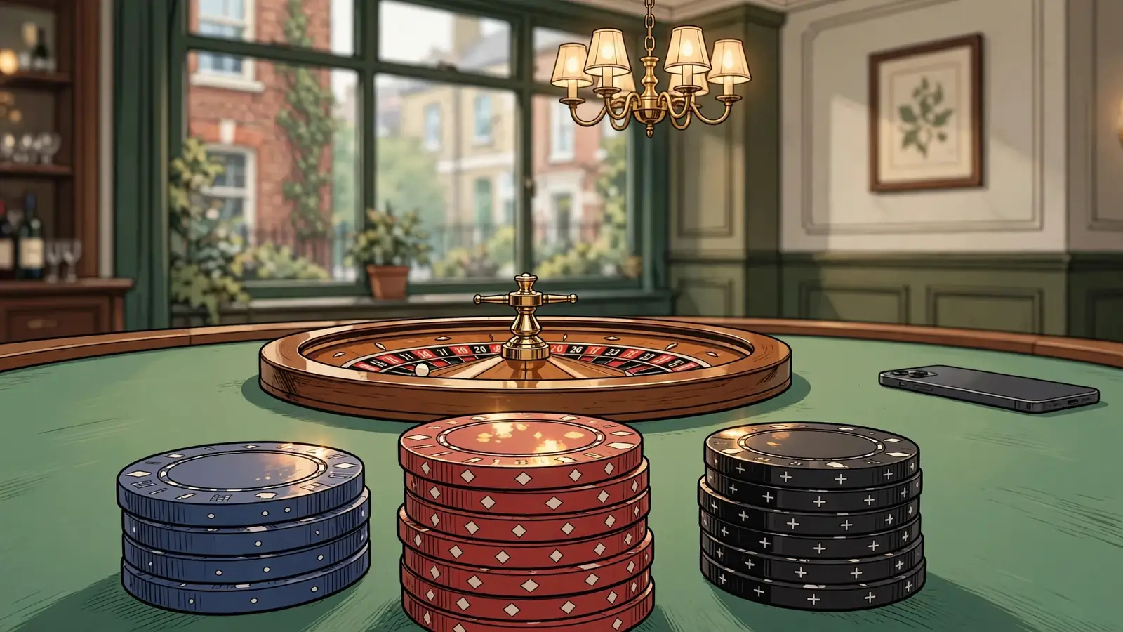 Casino table with stacked chips and a roulette wheel under warm chandelier light.
