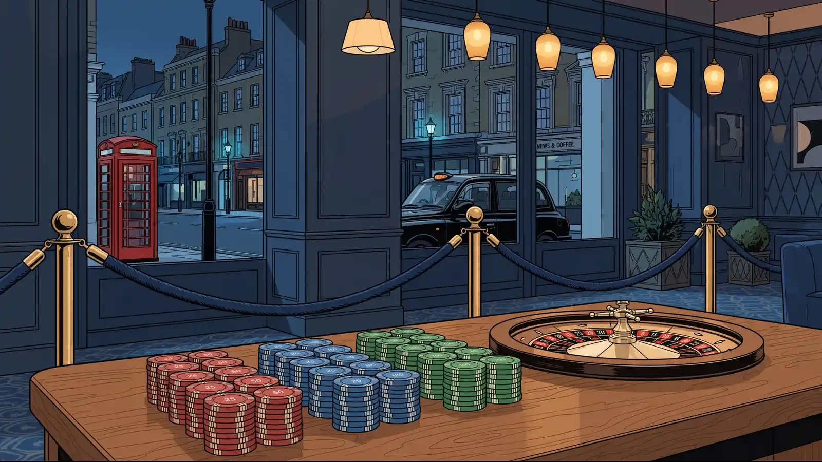 Casino interior with chips, roulette wheel, and London street view through windows.
