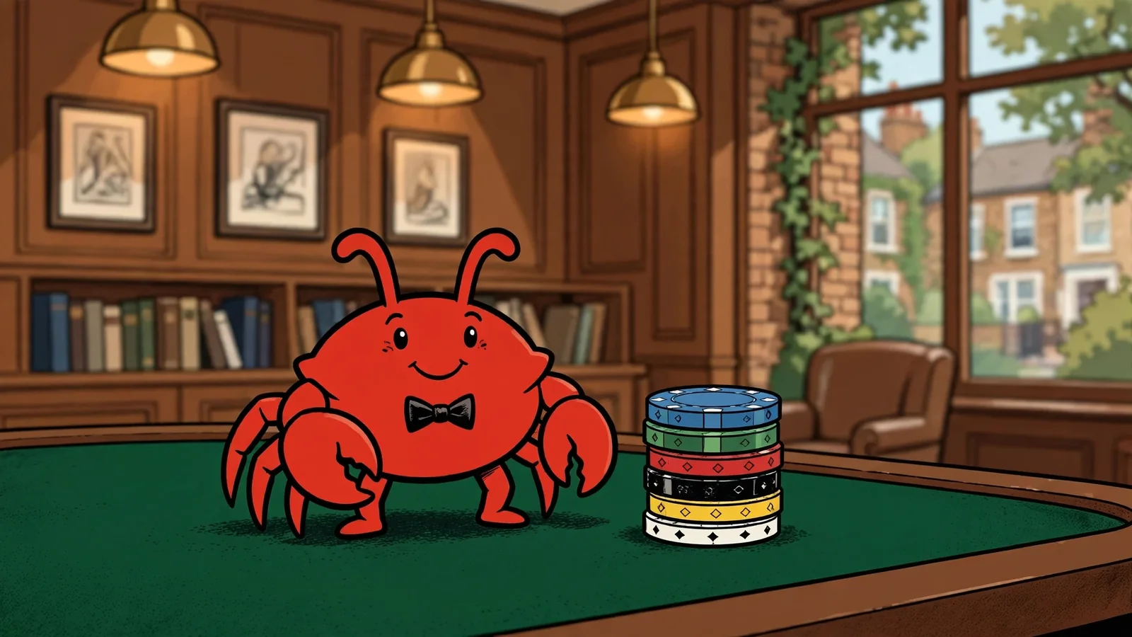 Cartoon crab mascot beside poker chips on a casino table