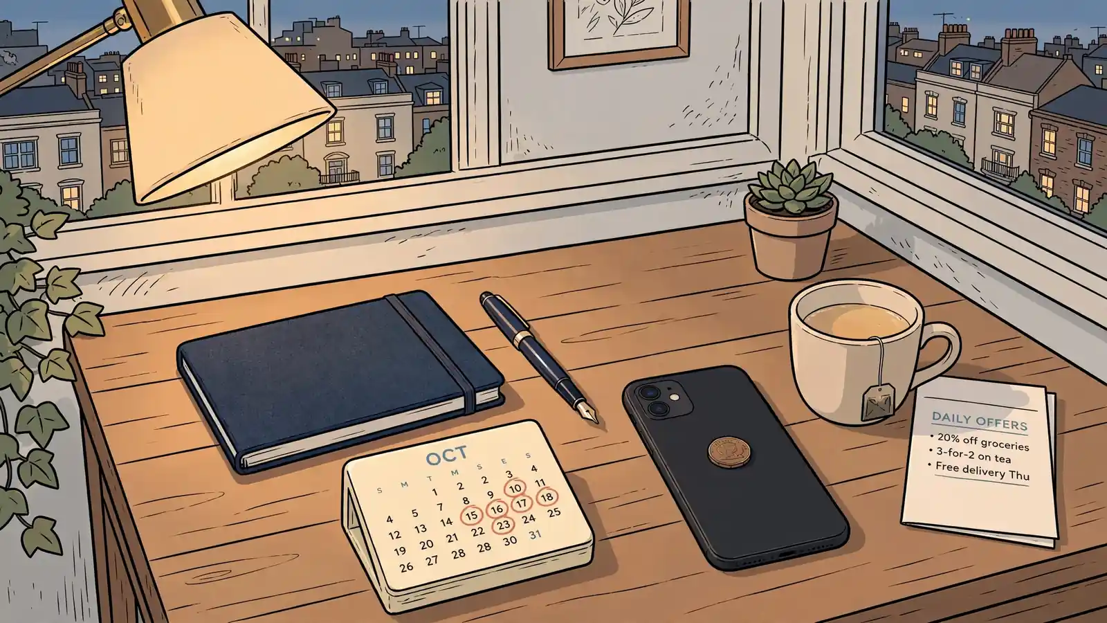 London flat desk with calendar, notebook, tea, and a face-down smartphone.