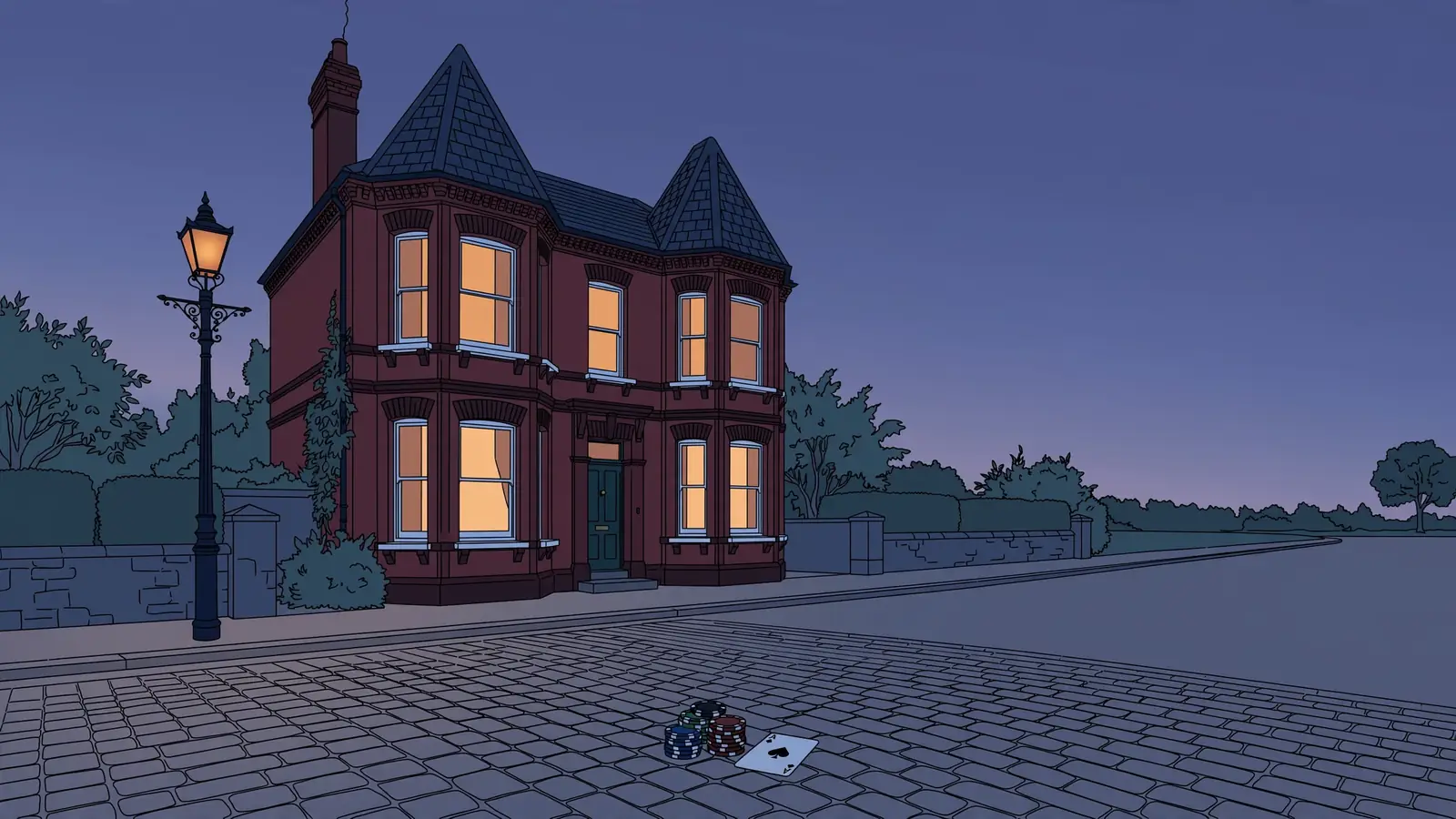Standalone Victorian brick building on a quiet British street at twilight