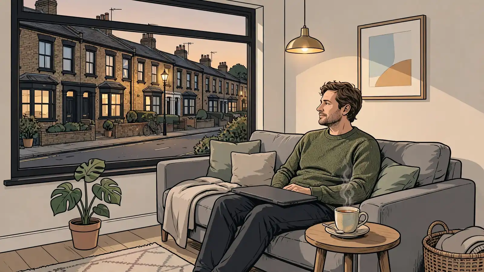 Person with laptop in a UK terraced-house living room, no ID documents visible.