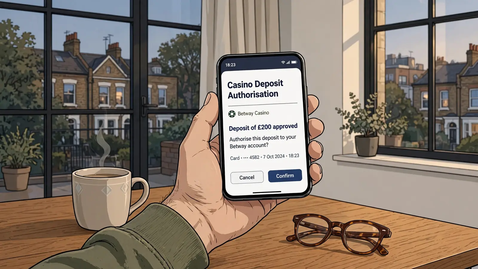 Hand holding a smartphone with a casino deposit notification on the screen
