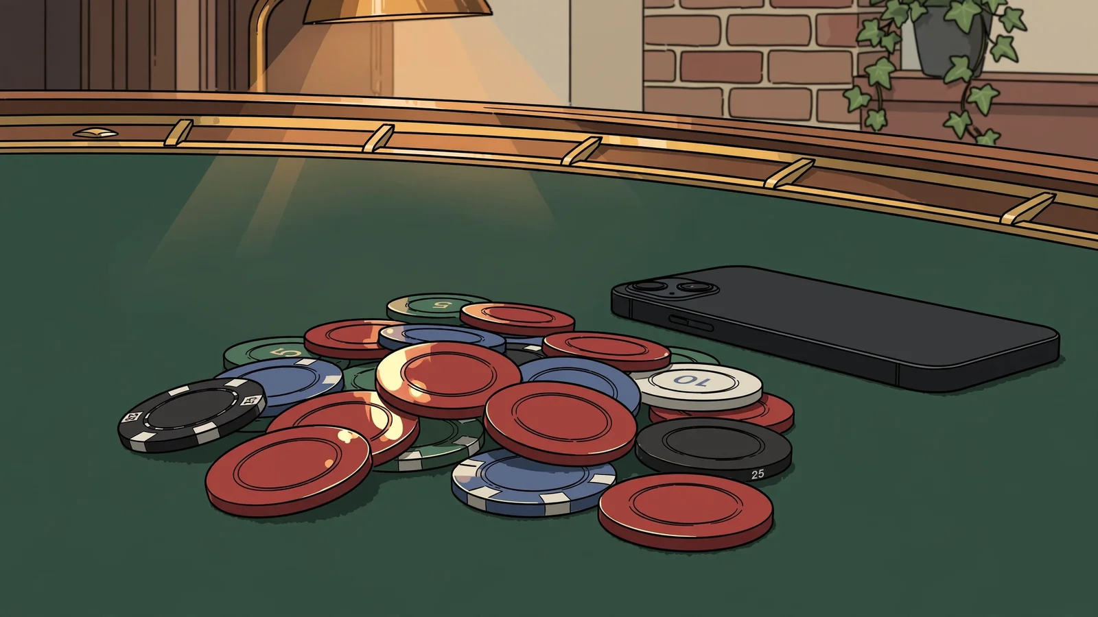Casino chips on green felt with a face-down smartphone beside them