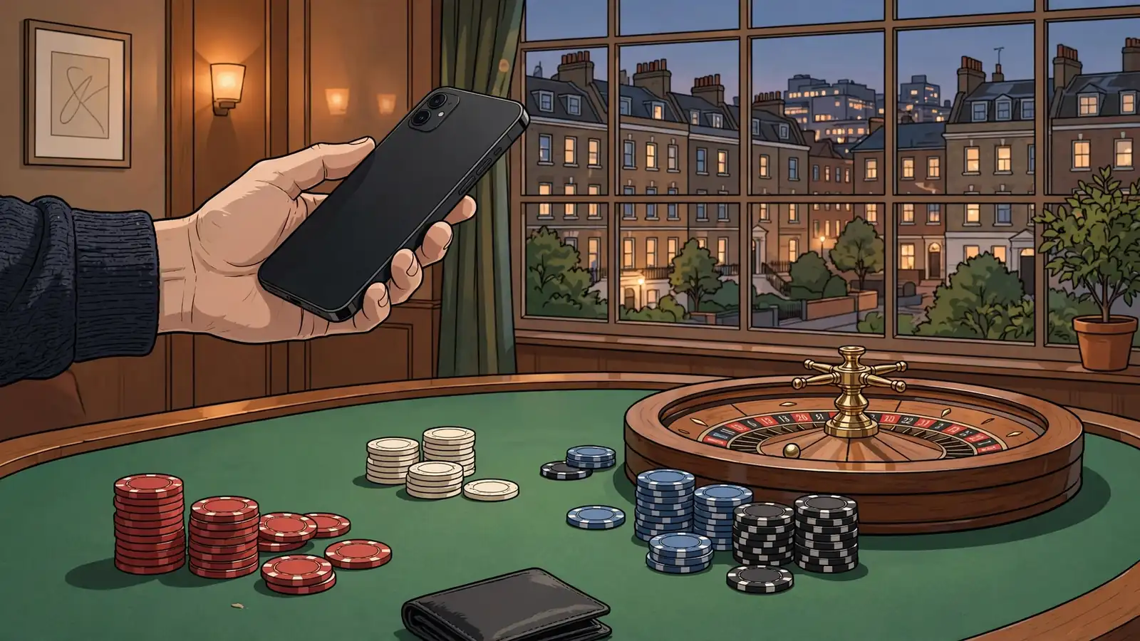 Hand holding smartphone over casino table with chips, roulette wheel, and London skyline at dusk.