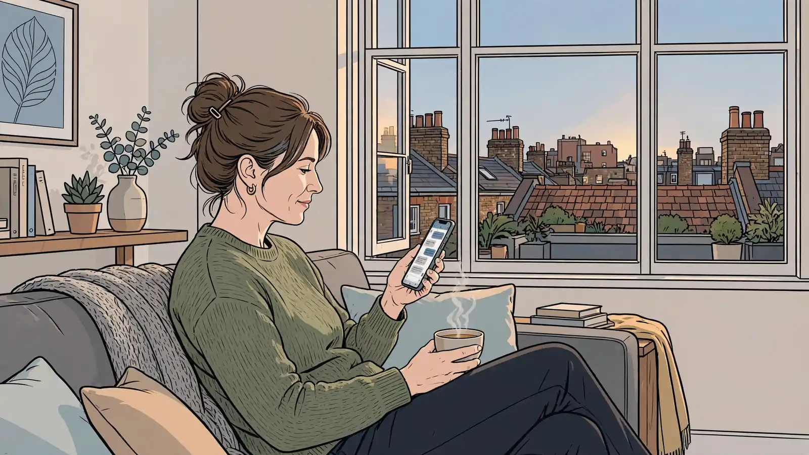 Person using a smartphone for mobile payment at home in the UK.