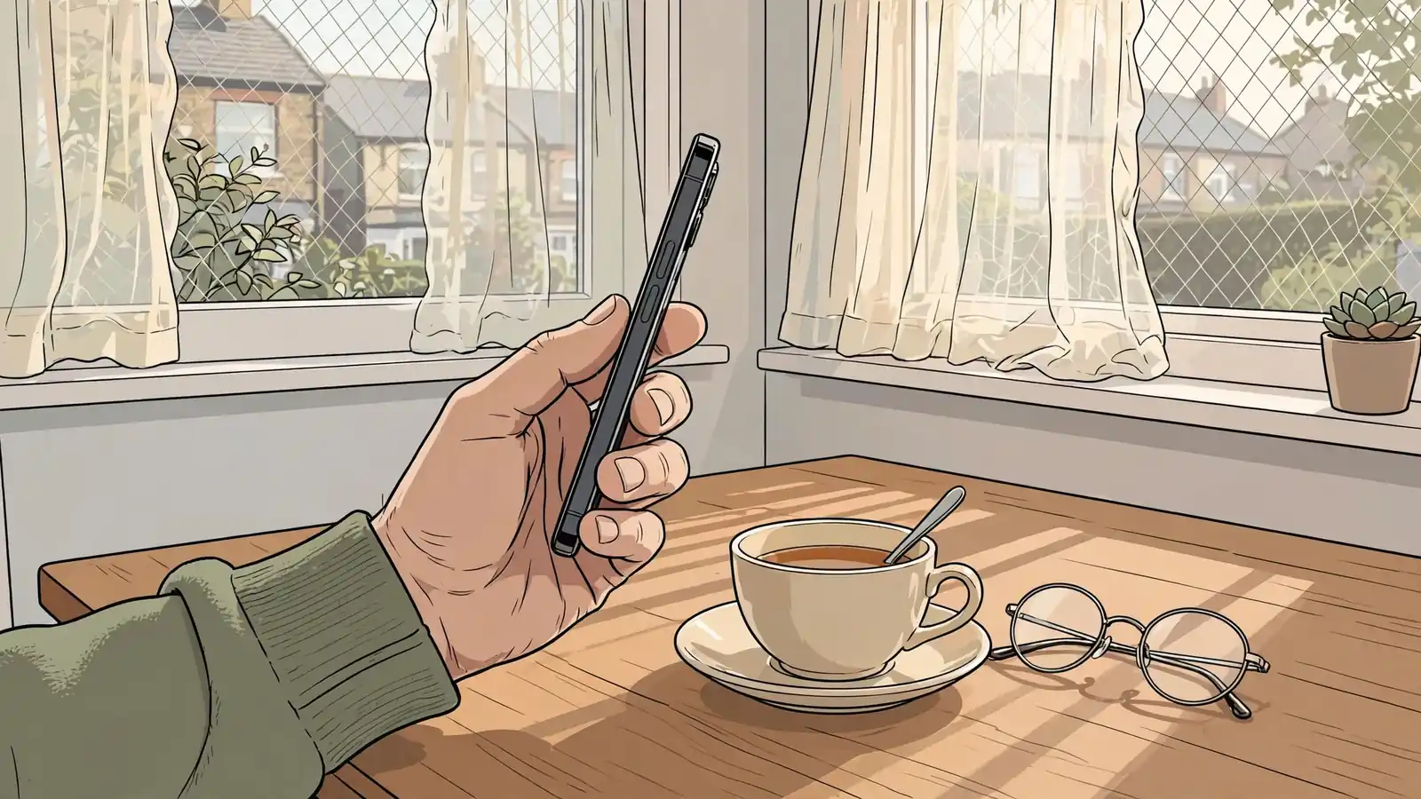 Hand holding a smartphone on a British kitchen table in morning light