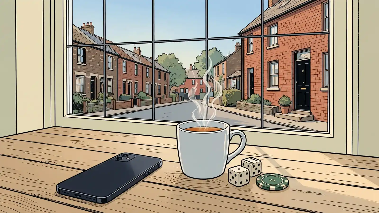 Smartphone on a British kitchen table with dice and a poker chip, morning light, terraced houses outside.