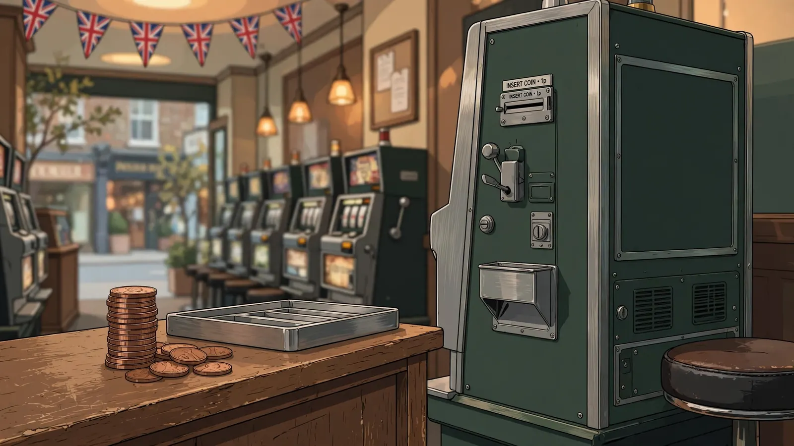 British penny coins beside a slot machine in a UK bookmaker's shop