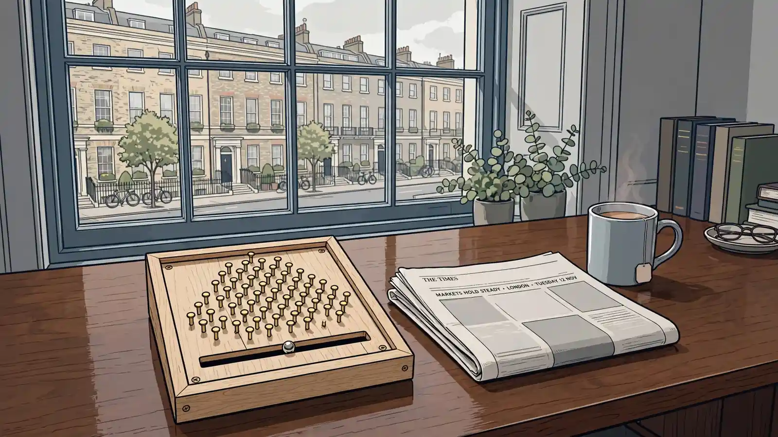 Wooden Plinko board on a walnut desk in a London home office
