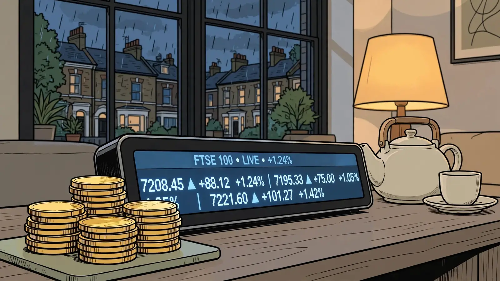 Gold coins beside a rising jackpot counter in a cozy British living room
