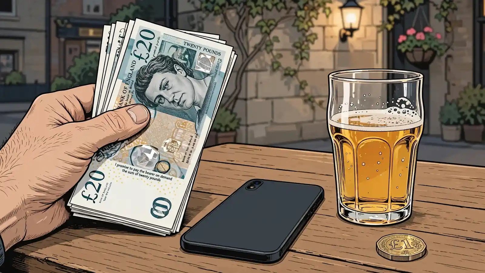 Hand holding pound banknotes beside a face-down smartphone on a wooden table.