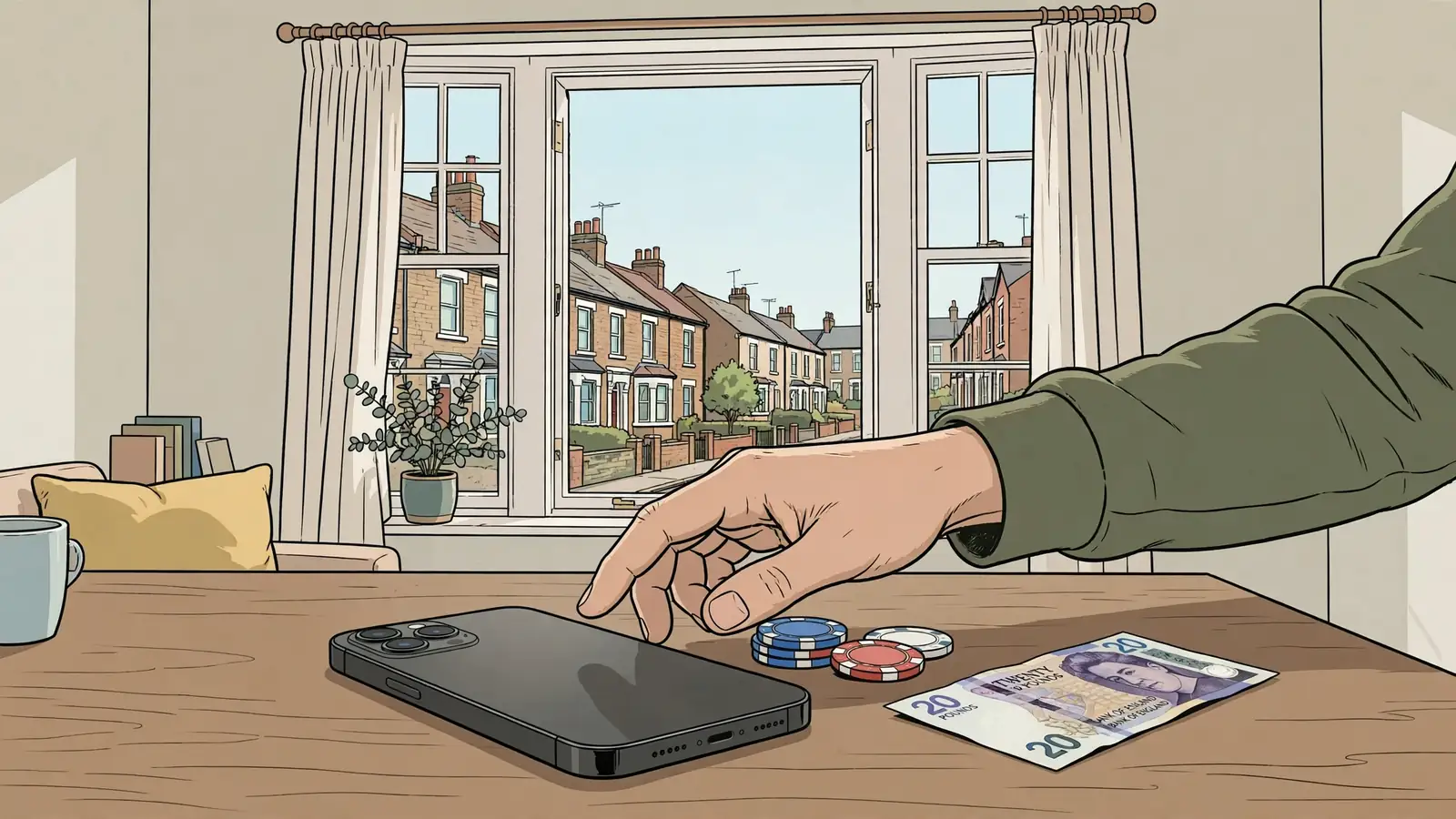 Smartphone on a table with poker chips, suggesting fast casino withdrawal in a UK home setting.