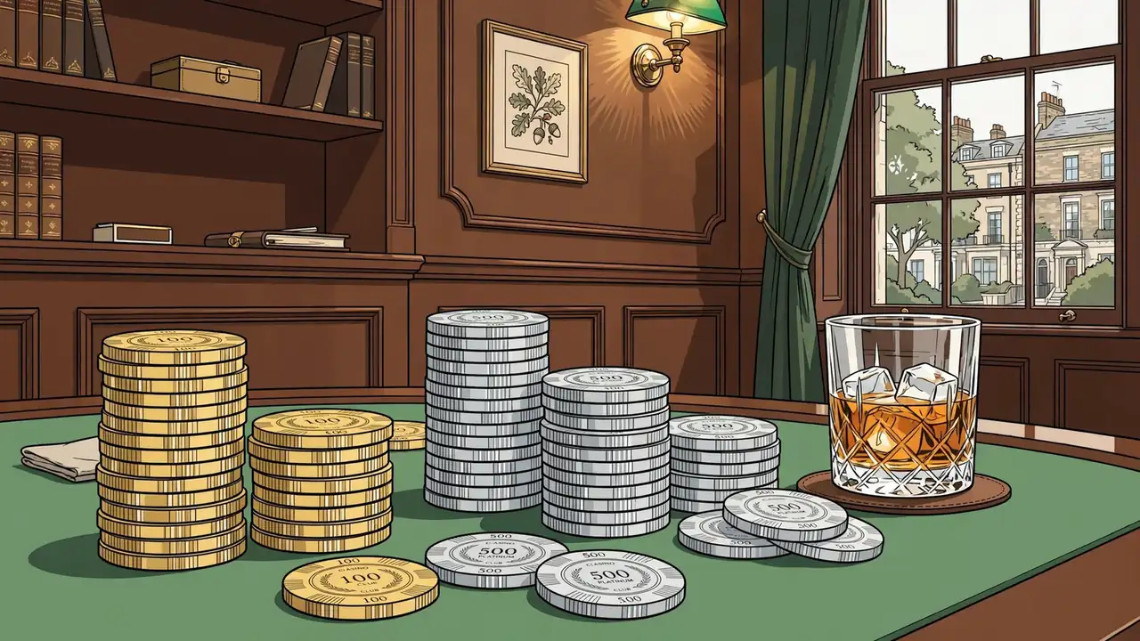 Stacks of gold casino chips on green felt in an elegant British club interior