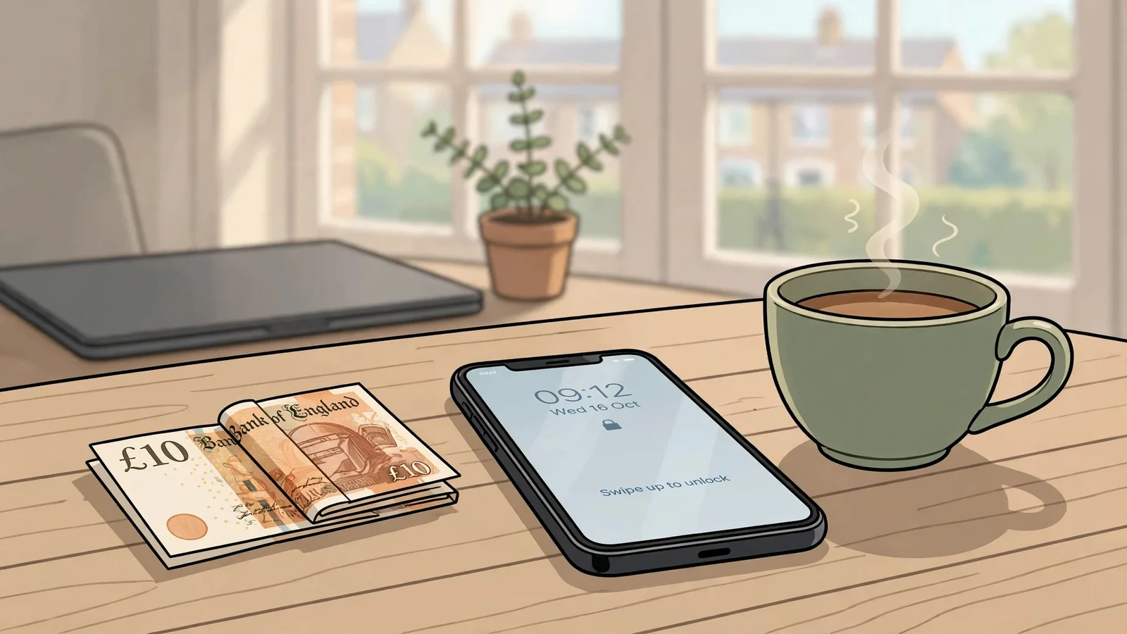 British pound banknote, closed laptop, and smartphone on a wooden home office table in soft morning light.