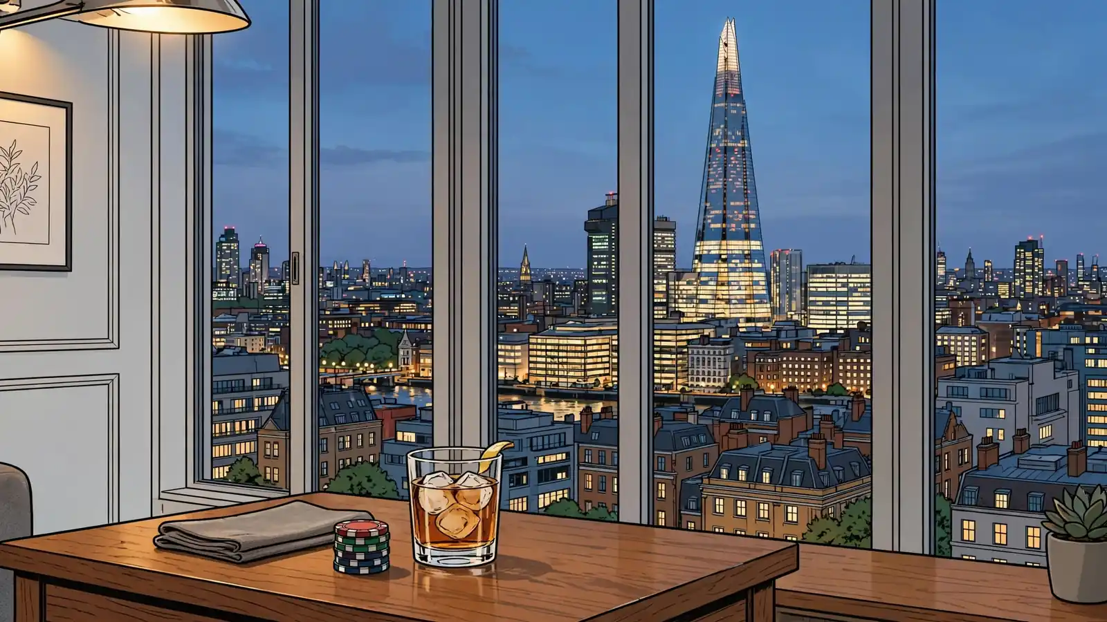 London skyline at dusk seen through apartment windows with a small stack of casino chips on a wooden side table.