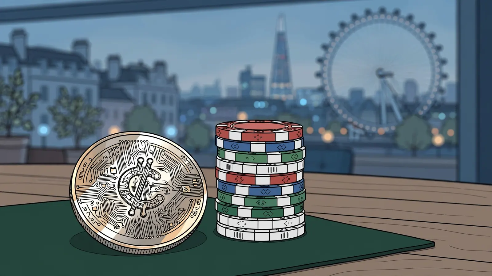 Crypto coin and stacked casino chips on felt with London skyline behind.