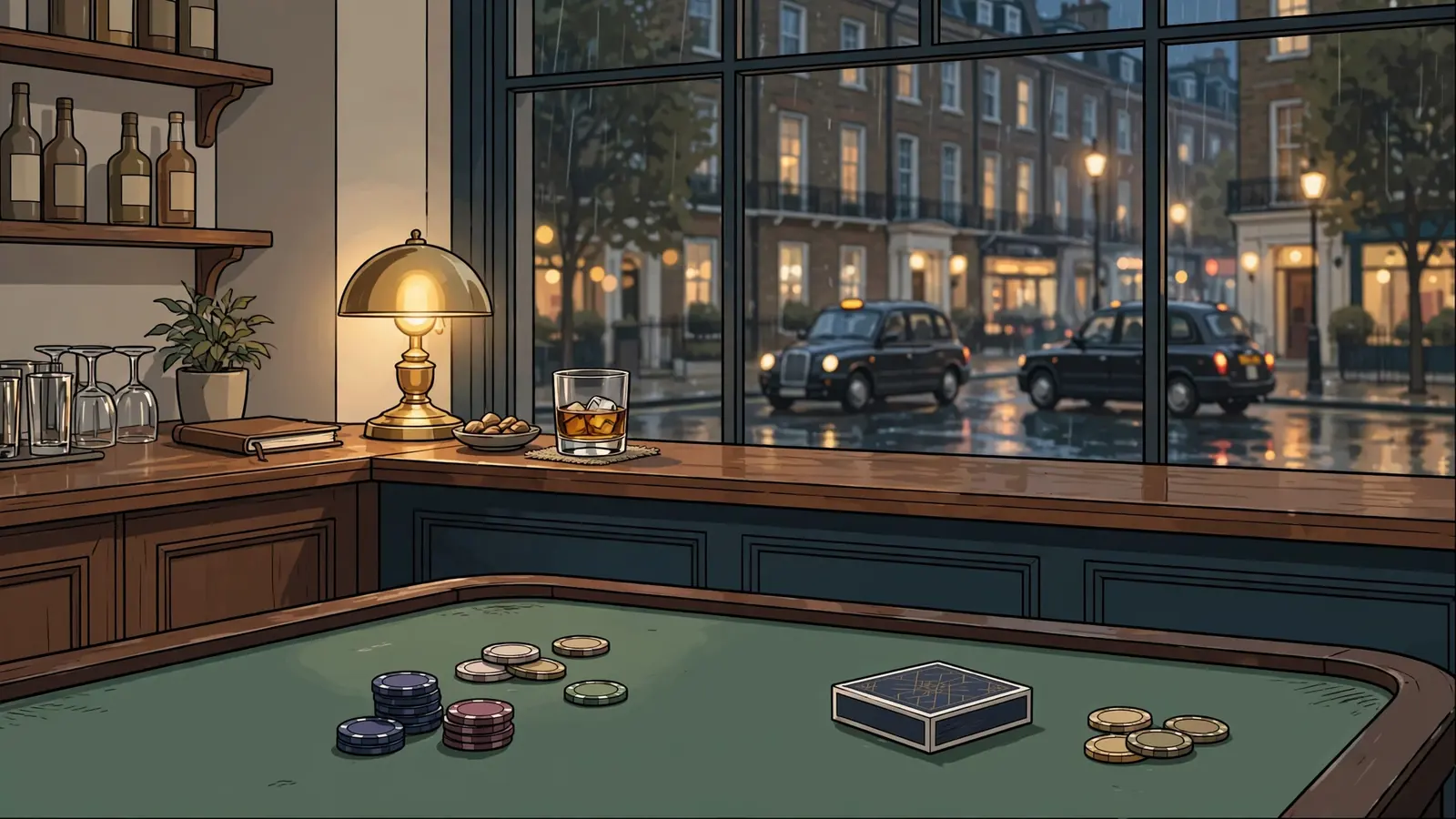 Elegant British casino lounge with roulette table, chips, and rainy London evening outside the window.