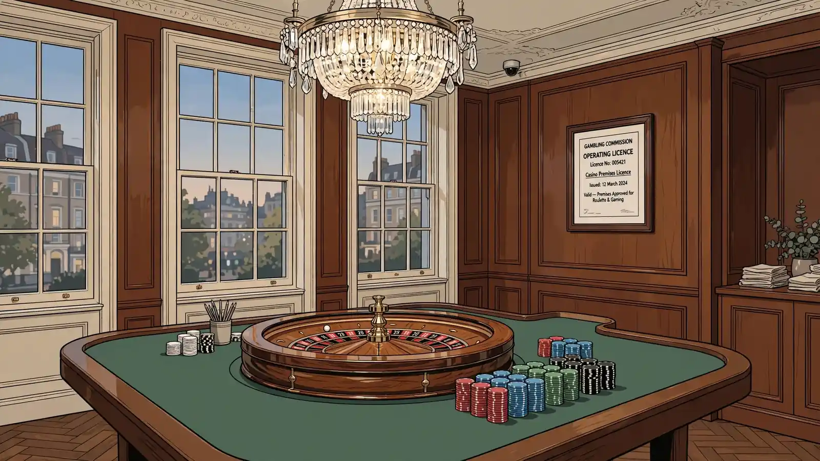 Elegant British casino lounge with roulette wheel and licence document