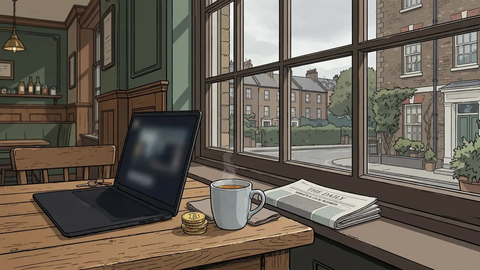 British pub interior with laptop, Bitcoin tokens, tea mug, and folded newspaper.