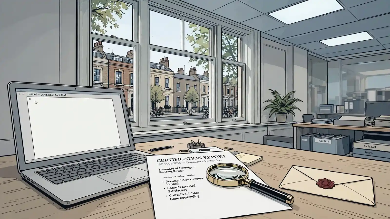 Auditor's desk with certification report and laptop representing UK slot fairness testing.