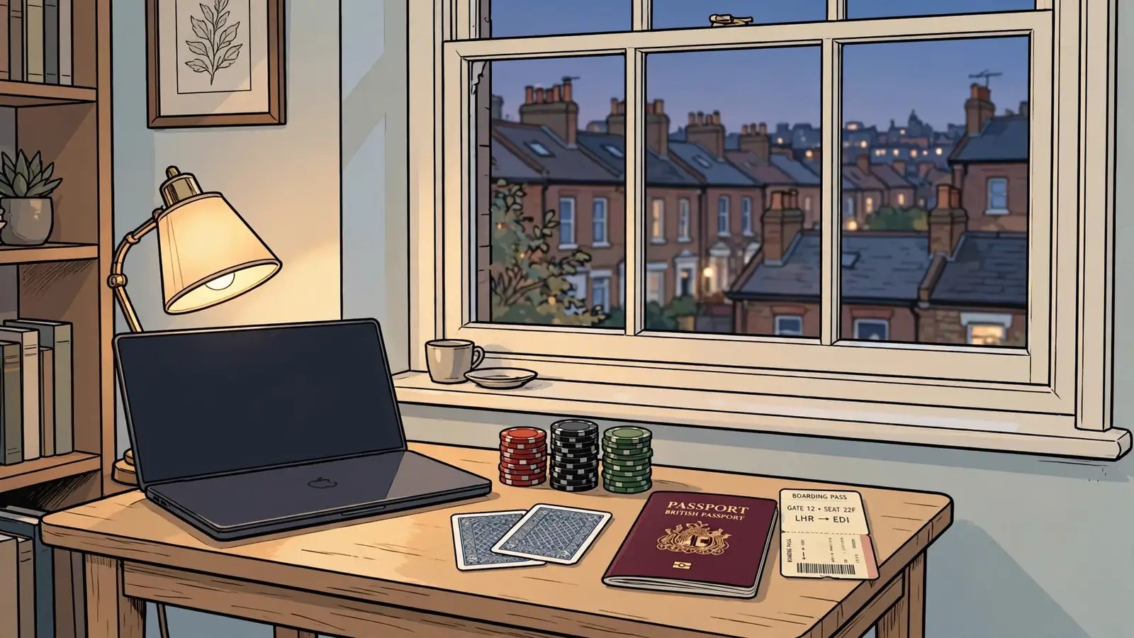 Casino chips, playing cards, passport and closed laptop on a side table in a British home at dusk