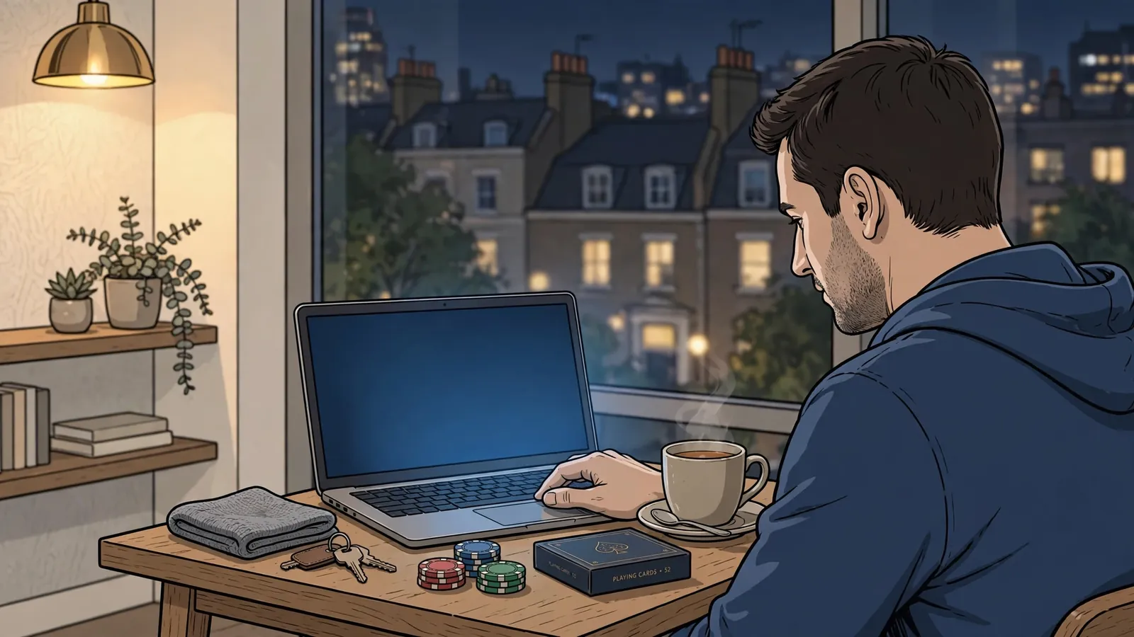 Person at a London flat table connecting laptop to VPN with chips and cards nearby.