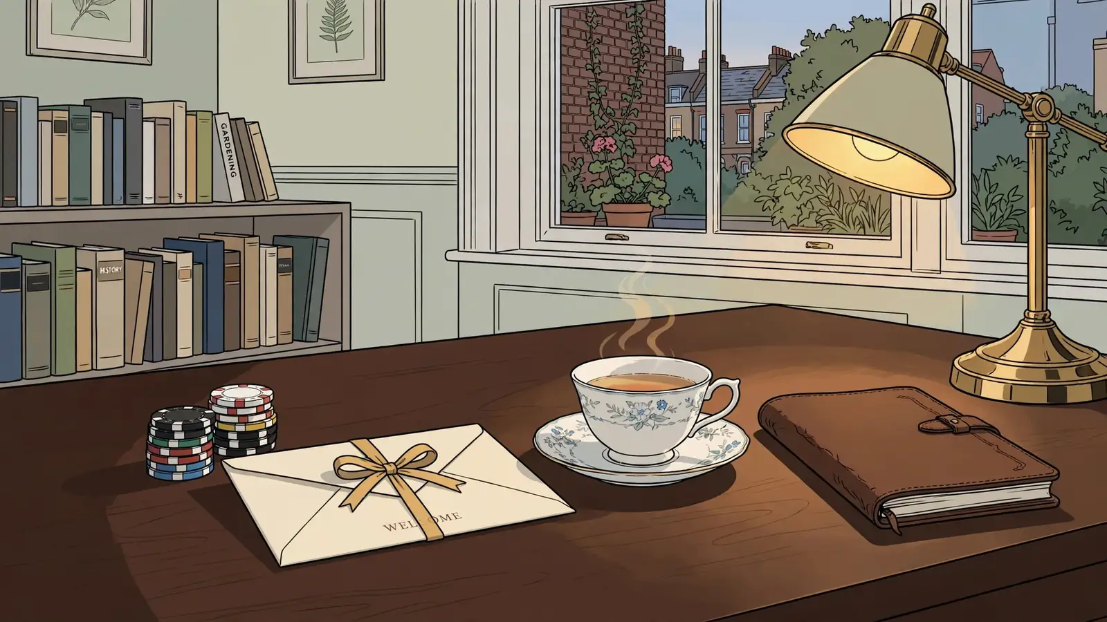 Welcome bonus scene with casino chips, envelope, and tea on a wooden table