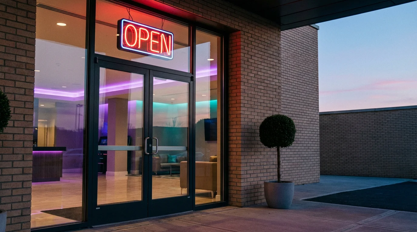 New casino no deposit bonus UK — freshly opened casino entrance with glowing neon sign