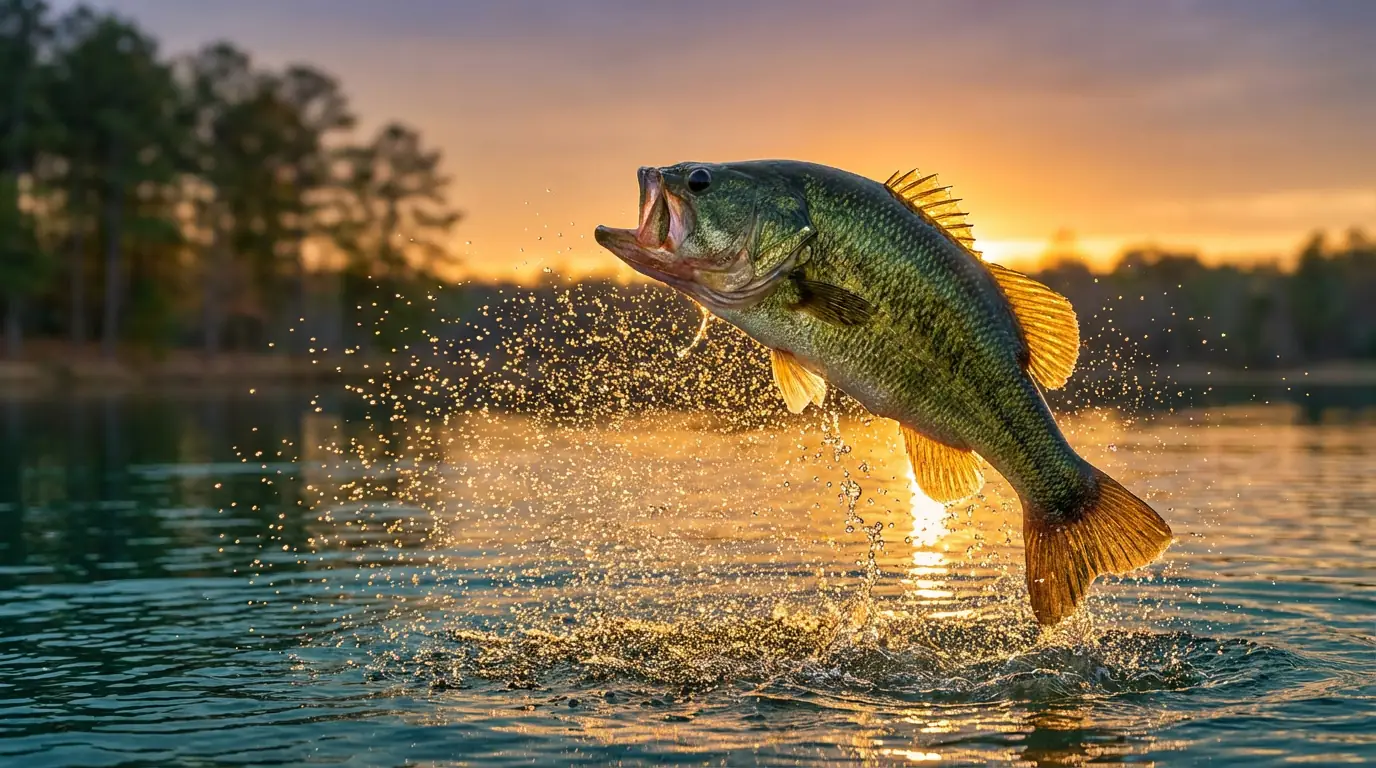 No deposit bonus codes Big Bass Splash — large bass fish leaping from water with splash and sunlight
