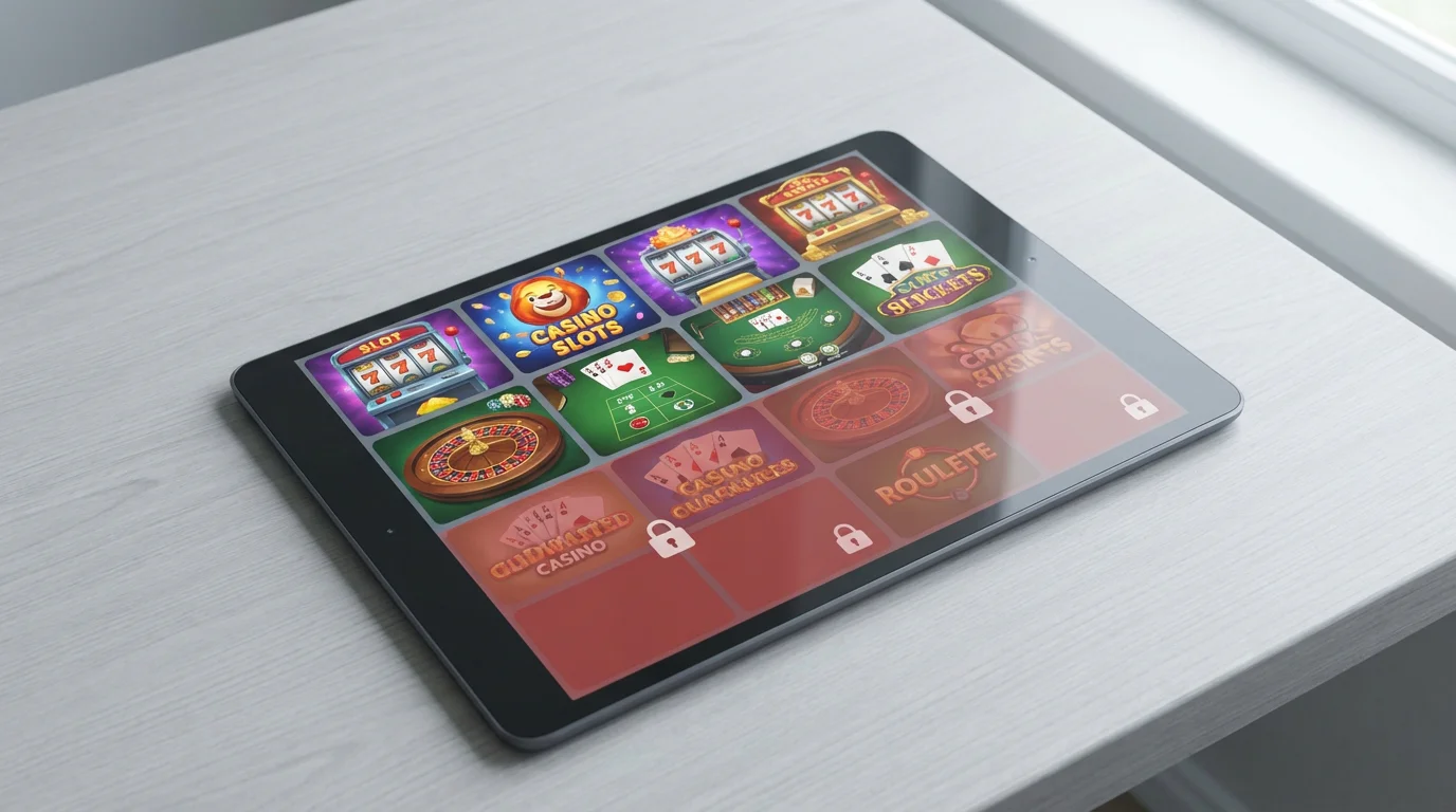 Casino slot lobby with restricted and eligible game labels