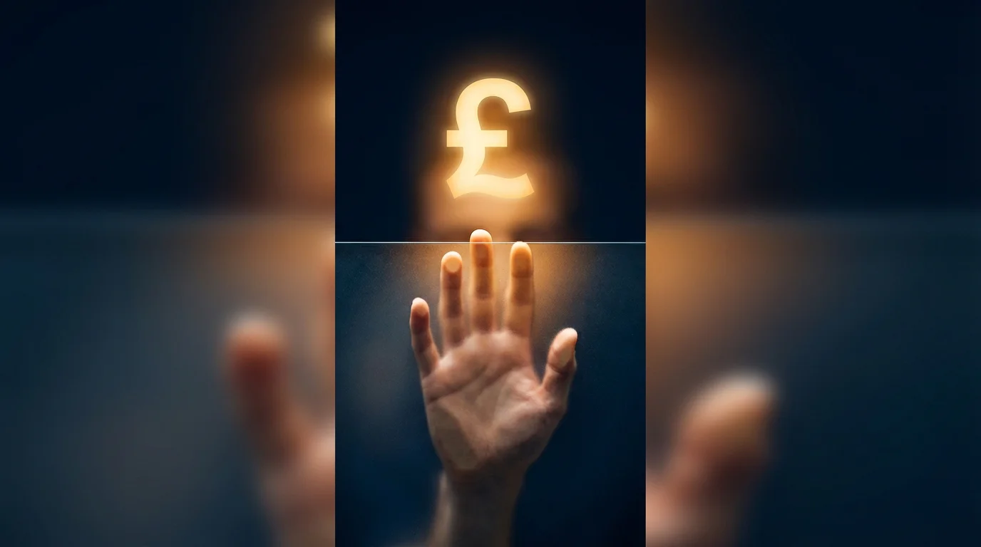 No deposit bonus max withdrawal UK — hand reaching a glass ceiling with a £ symbol glowing above