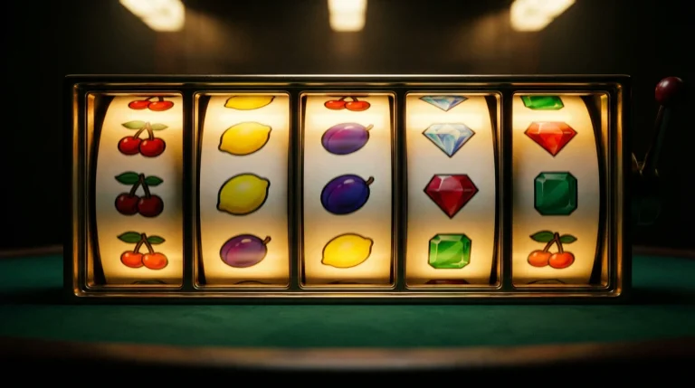 No deposit bonus slots UK — high-RTP slot reels glowing on a dark casino table