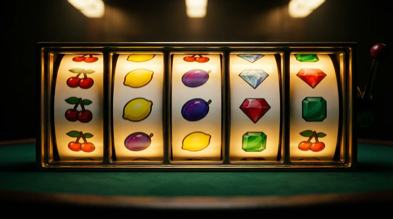 No deposit bonus slots UK — high-RTP slot reels glowing on a dark casino table