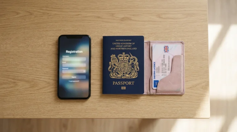 No deposit bonus without ID verification UK — passport and driving licence on a wooden table next to a laptop