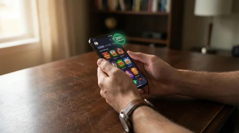 No deposit cashback bonus percentage displayed on a casino screen