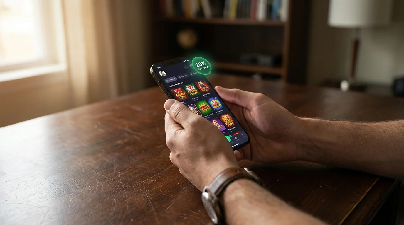 No deposit cashback bonus percentage displayed on a casino screen